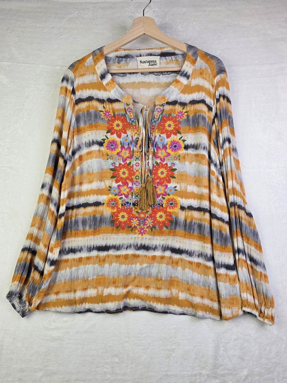 Savanna Jane Top Womens 2X Long Sleeve Embroidered Floral Striped Orange Navy‎